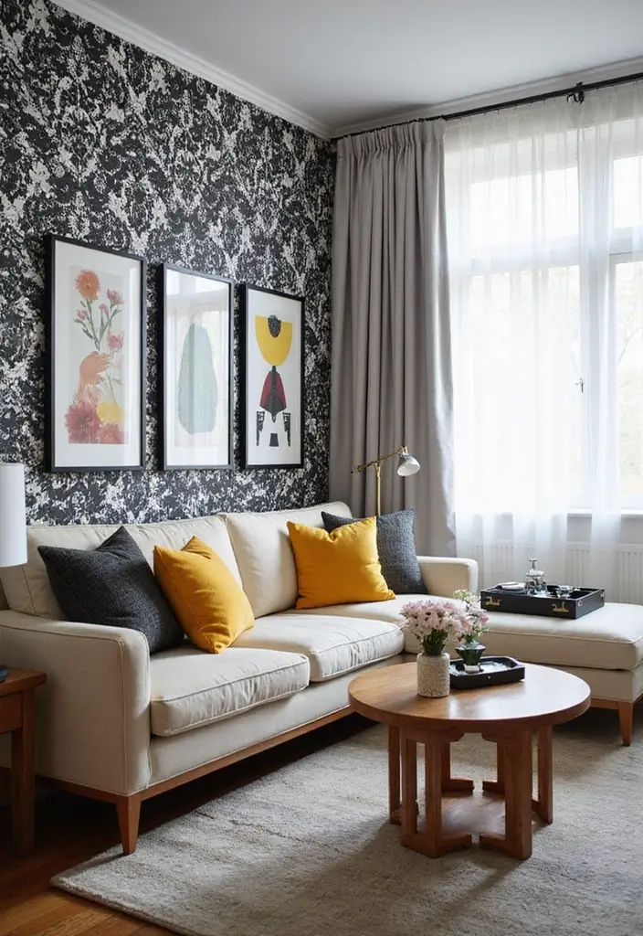 29 Wallpaper Living Room Accent Wall Ideas That Add Character - 7. Monochrome Magic