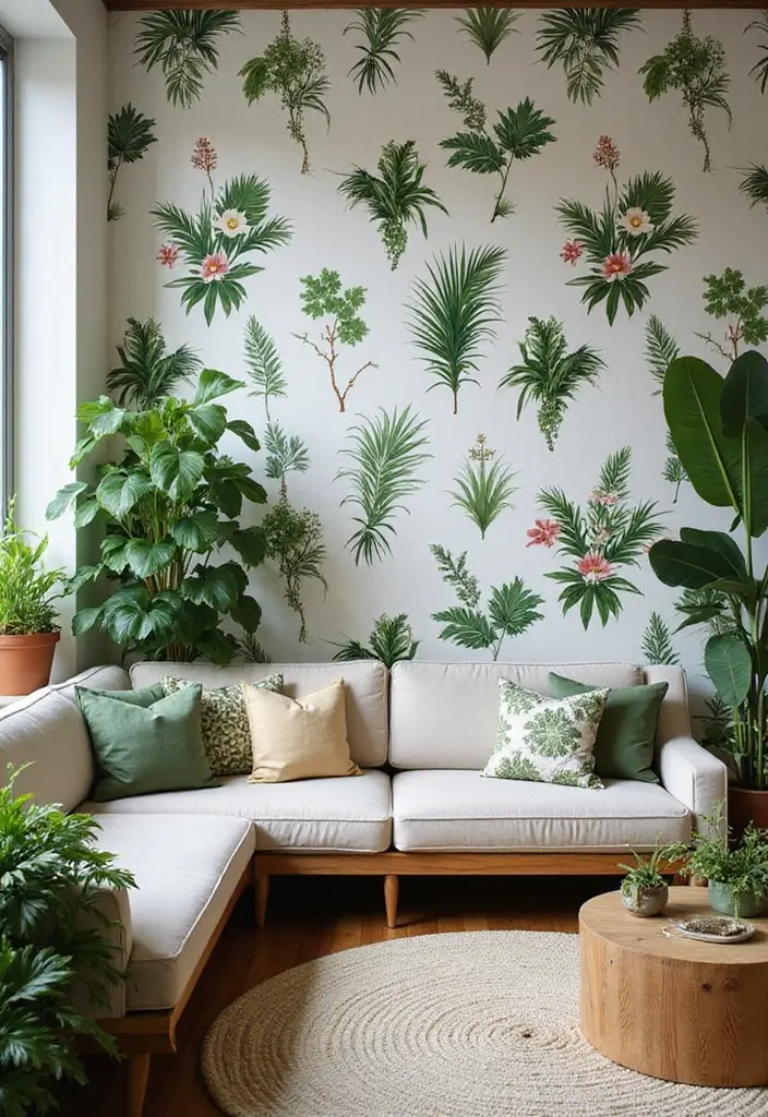29 Wallpaper Living Room Accent Wall Ideas That Add Character - 8. Botanical Oasis