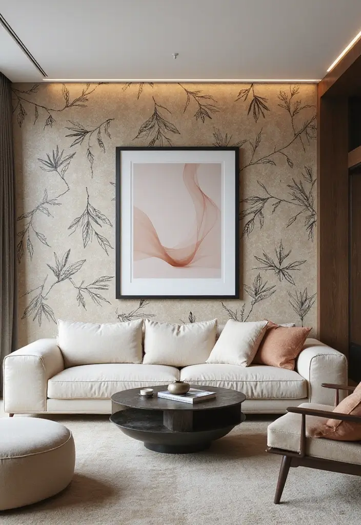 29 Wallpaper Living Room Accent Wall Ideas That Add Character - 9. Artistic Expression