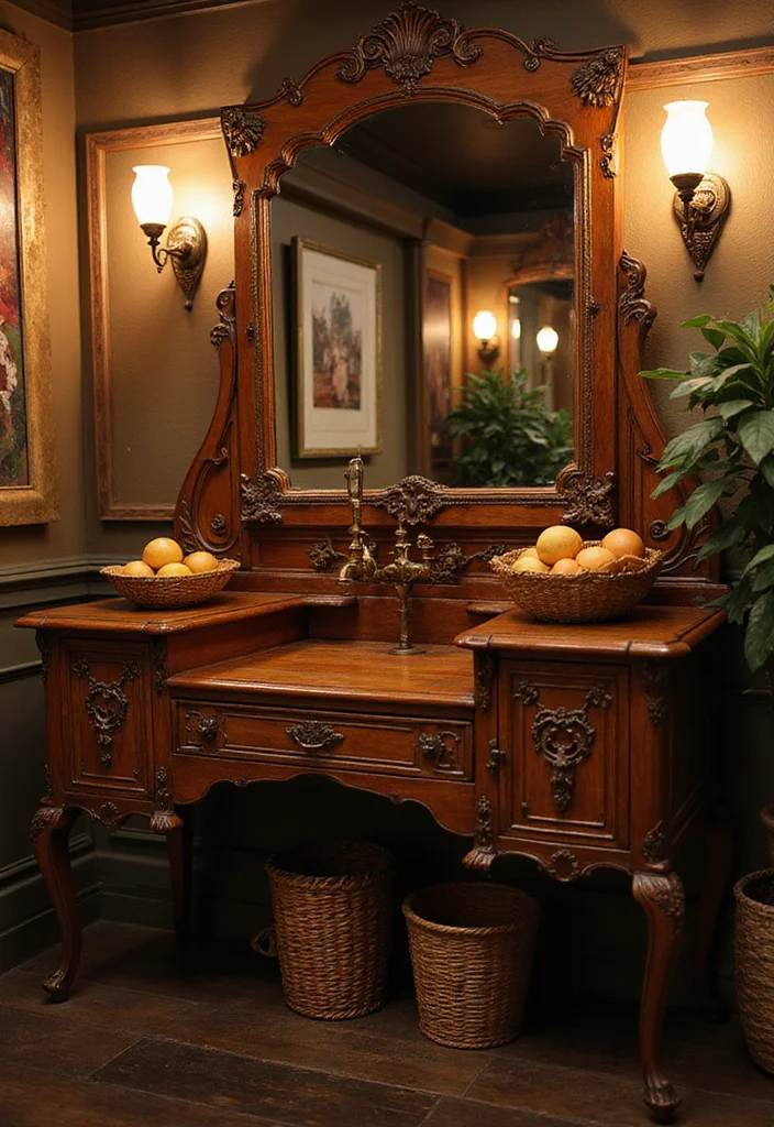 14 Antique Vanity Bathroom Ideas With Vintage Appeal - 1. Elegant Antique Wood Vanity