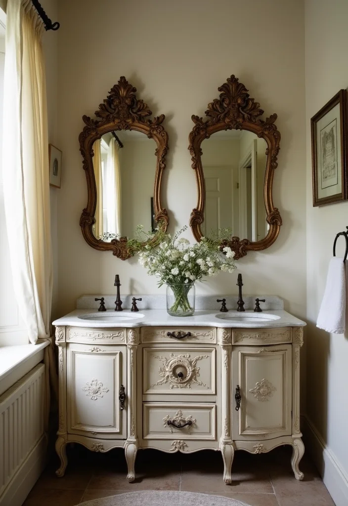 14 Antique Vanity Bathroom Ideas With Vintage Appeal - 10. Vintage Accent Mirrors