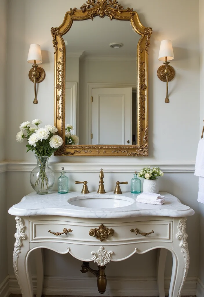 14 Antique Vanity Bathroom Ideas With Vintage Appeal - 2. Vintage-Inspired Marble Top