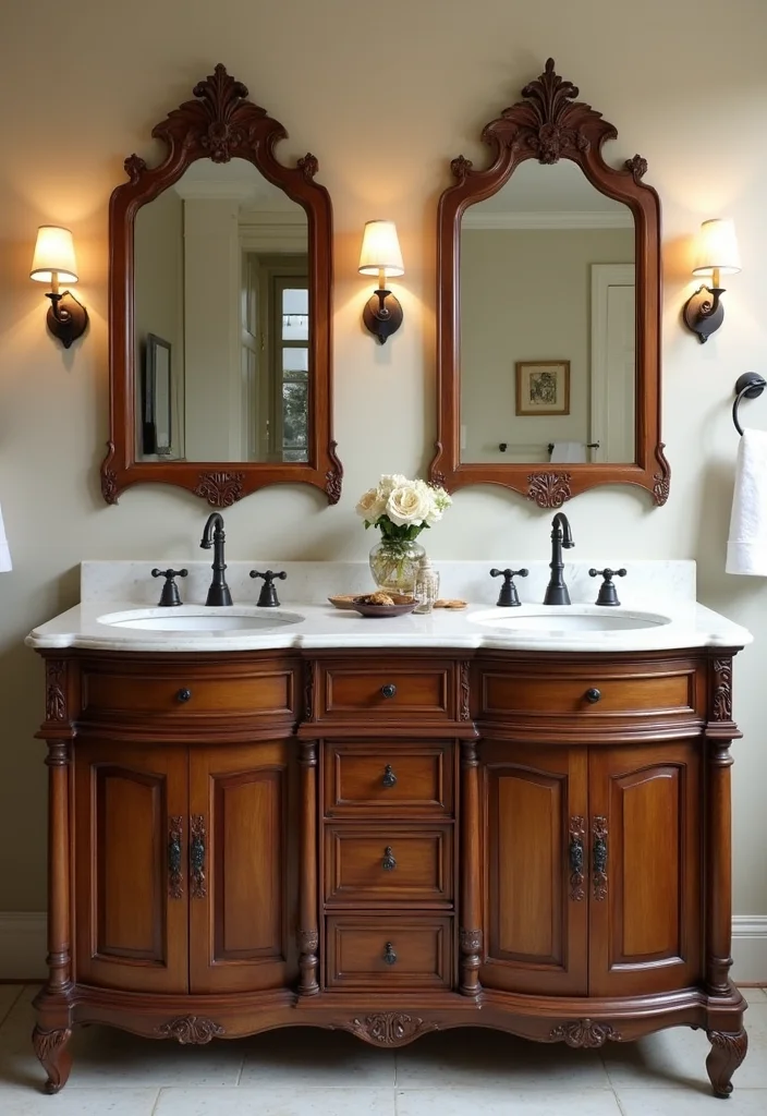 14 Antique Vanity Bathroom Ideas With Vintage Appeal - 6. Dual Sink Antique Vanities