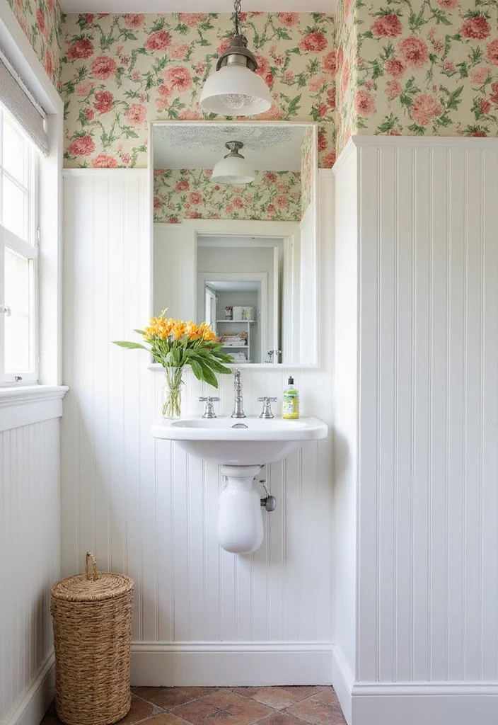 14 Bathroom Beadboard Ideas For Classic Cottage Style - 6. Beadboard with Wallpaper