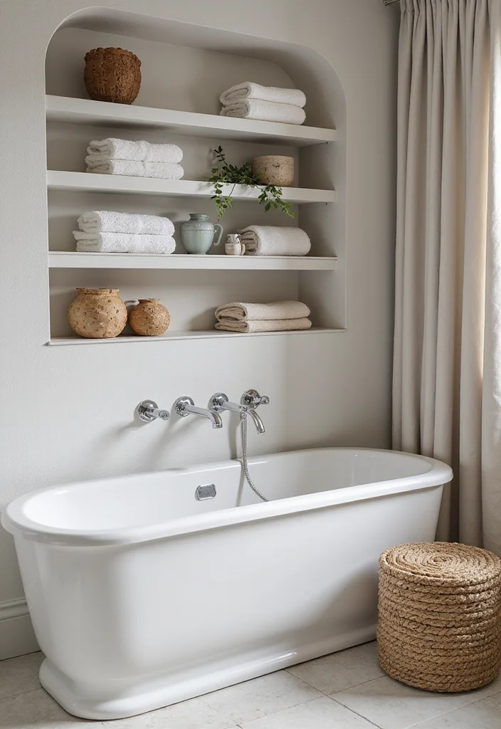 14 Bathroom Half Wall Ideas That Add Character - 3. Open Shelving Delight