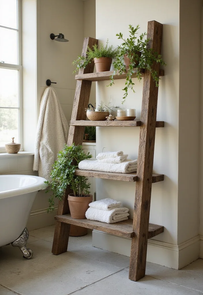 14 Bathroom Standing Shelf Ideas For Extra Storage - 1. Rustic Wooden Ladder Shelf