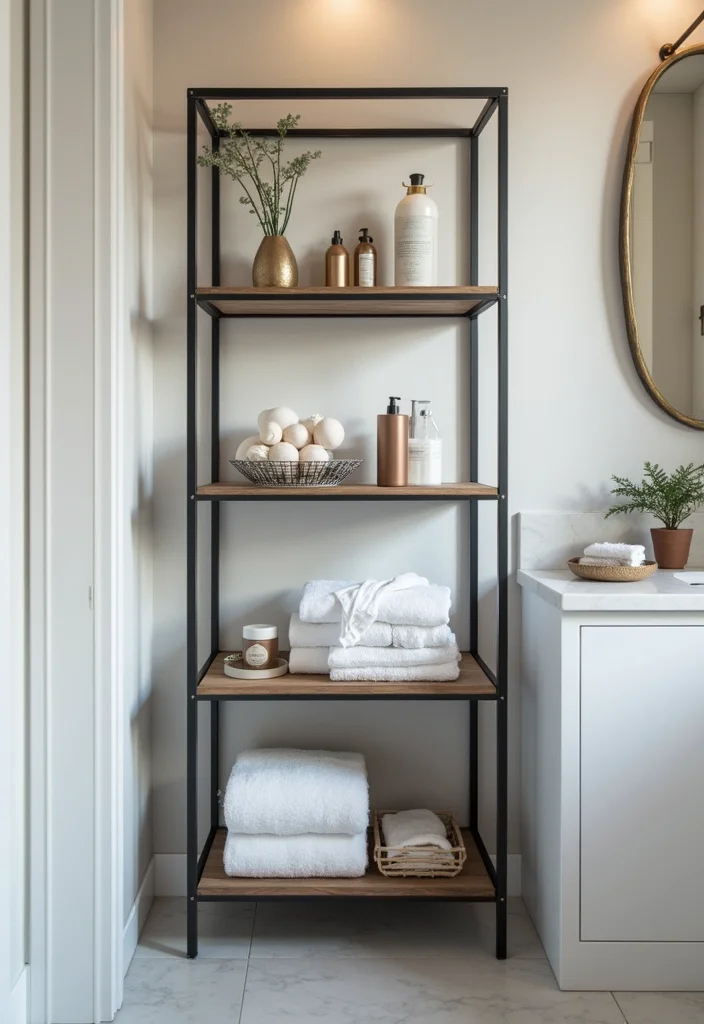 14 Bathroom Standing Shelf Ideas For Extra Storage - 10. Metal Frame Shelving