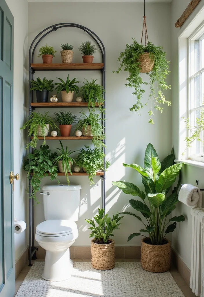 14 Bathroom Standing Shelf Ideas For Extra Storage - 13. Tiered Plant Shelves