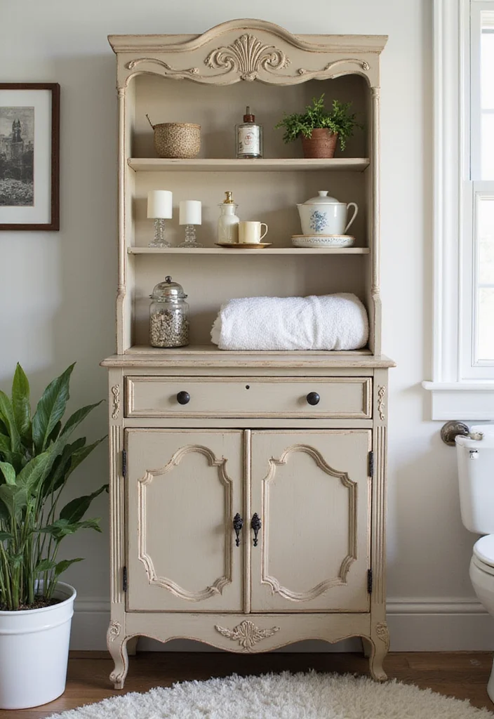 14 Bathroom Standing Shelf Ideas For Extra Storage - 6. Vintage Furniture Turned Shelf
