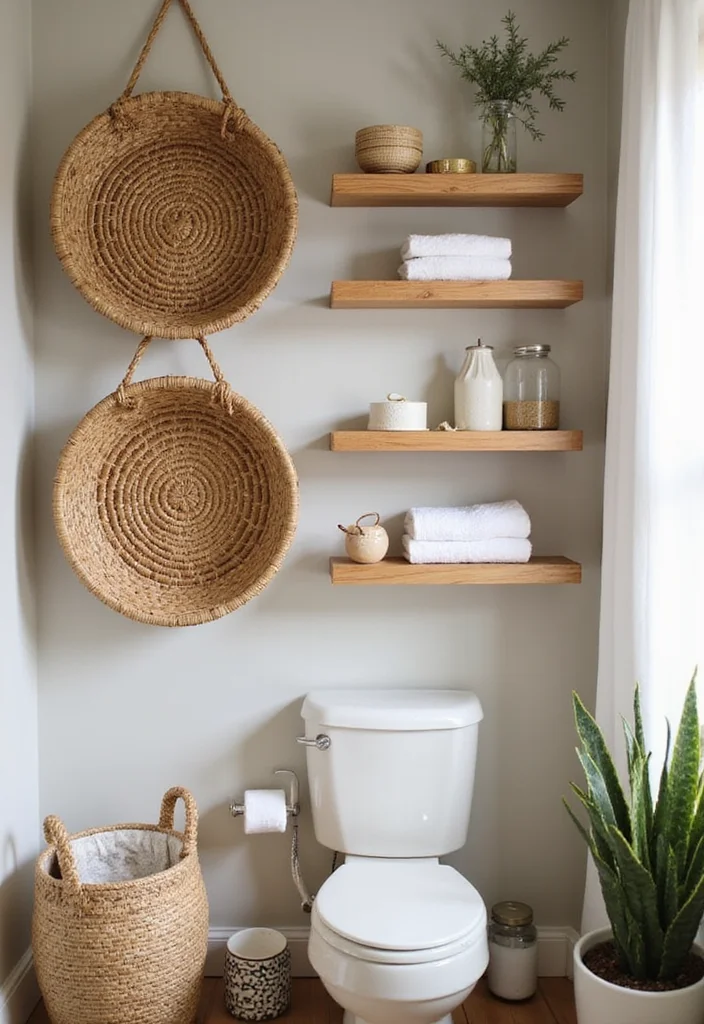 14 Bathroom Standing Shelf Ideas For Extra Storage - 8. Woven Basket Shelves