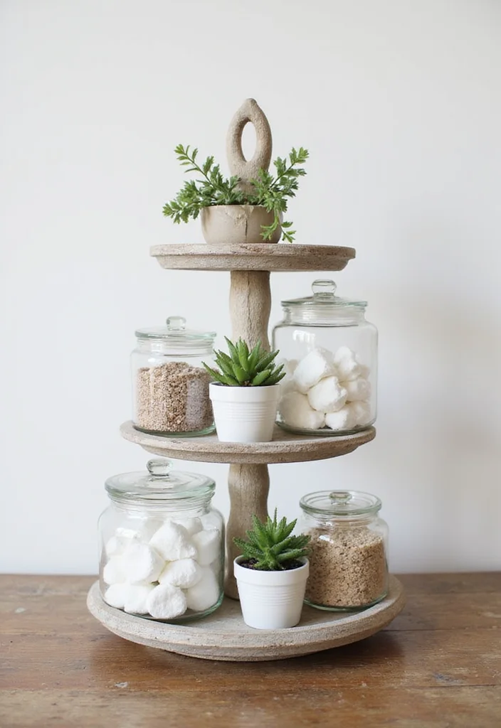 14 Bathroom Tiered Tray Decor Ideas For Cute Organisation - 1. Rustic Wood and Glass Combination