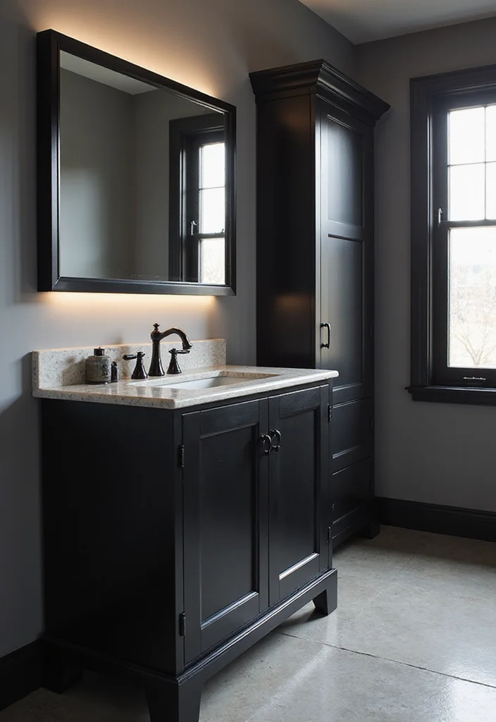 14 Bathroom Vanity With Tower Ideas For Extra Storage - 10. Stylish Black Vanity with Tower