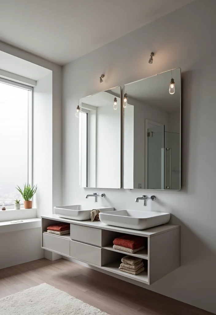 14 Bathroom Vanity With Tower Ideas For Extra Storage - 13. Floating Double Vanity with Tower