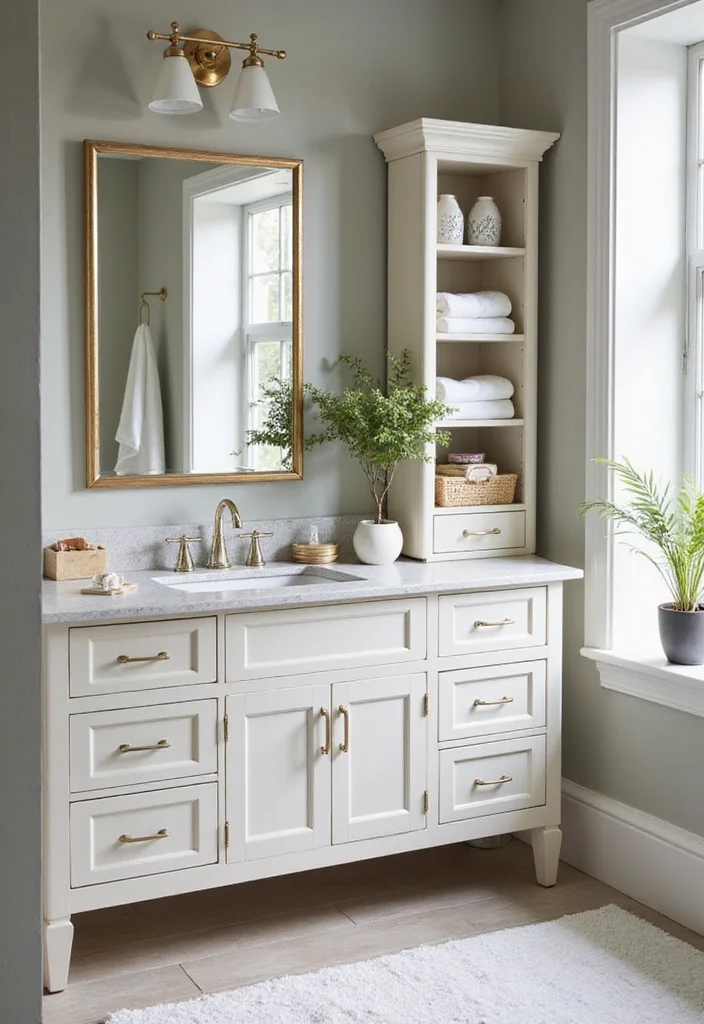 14 Bathroom Vanity With Tower Ideas For Extra Storage - 14. Chic Vanity with Open Shelf Tower
