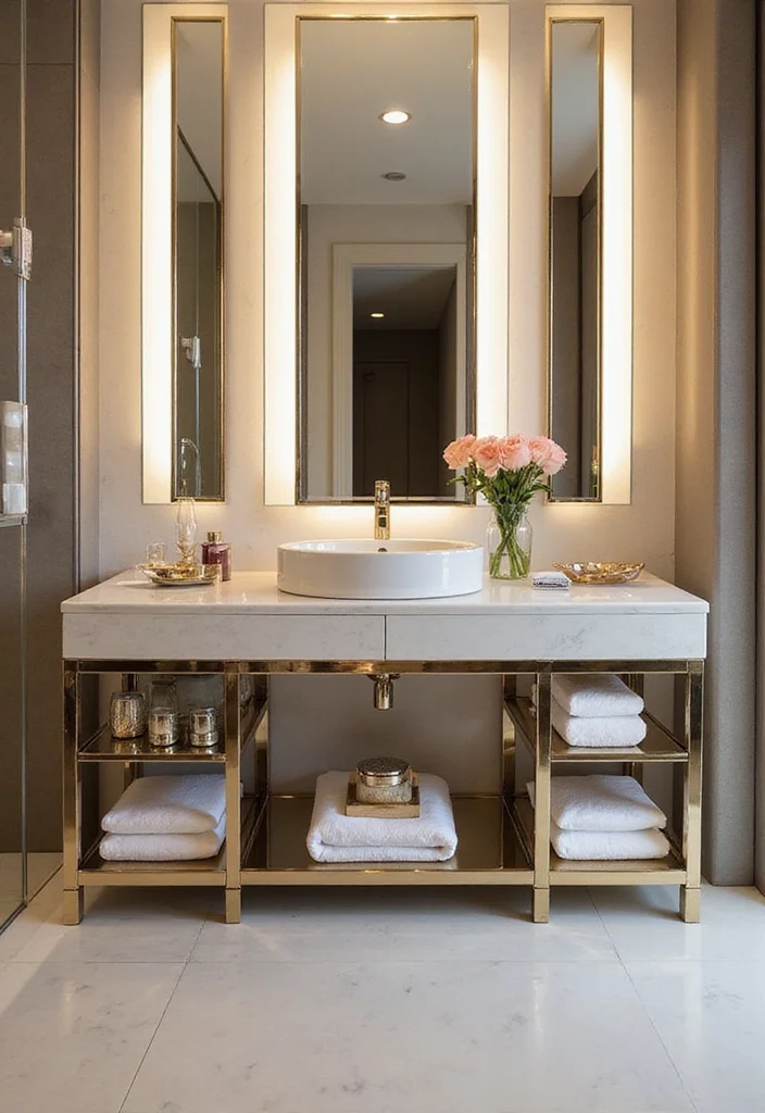 14 Bathroom Vanity With Tower Ideas For Extra Storage - 4. Glamorous Vanity with Mirrored Tower