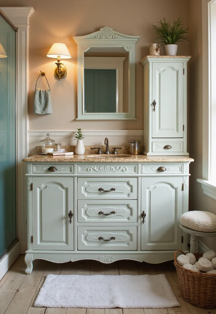 14 Bathroom Vanity With Tower Ideas For Extra Storage - 6. Vintage-Inspired Vanity with Tower
