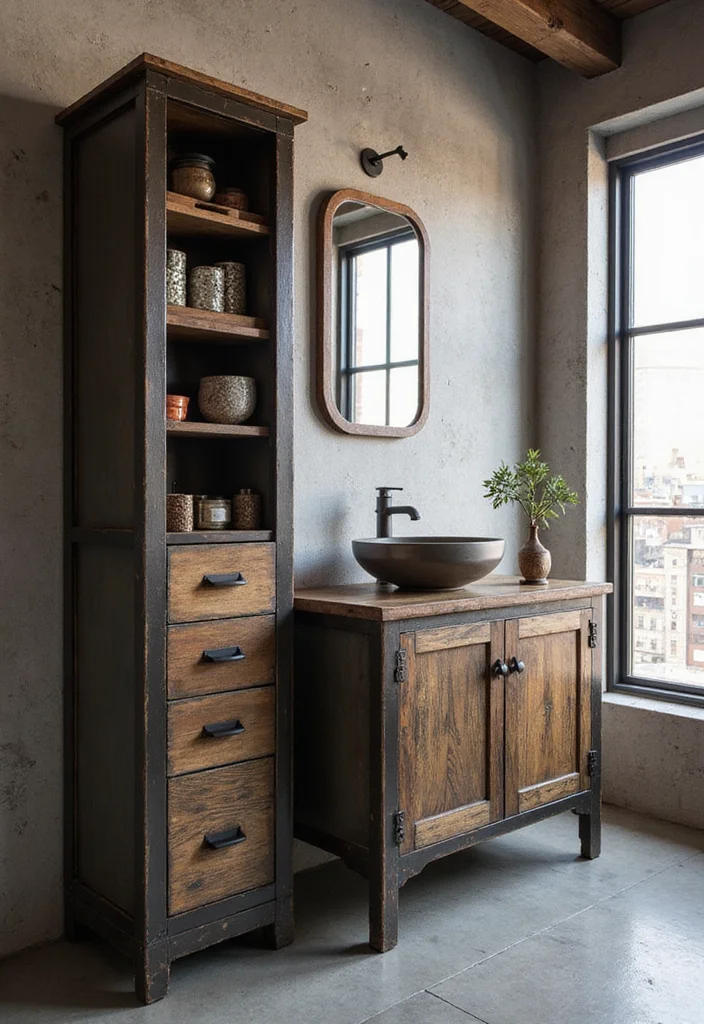 14 Bathroom Vanity With Tower Ideas For Extra Storage - 7. Industrial Style Vanity with Tower