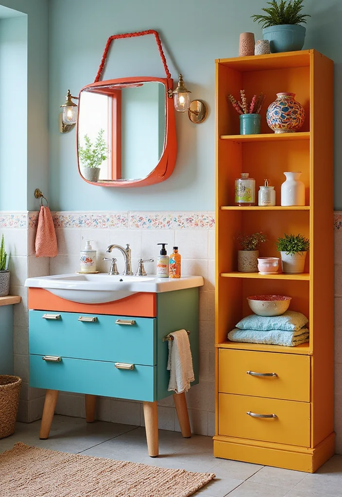14 Bathroom Vanity With Tower Ideas For Extra Storage - 8. Colorful Vanity with Tower