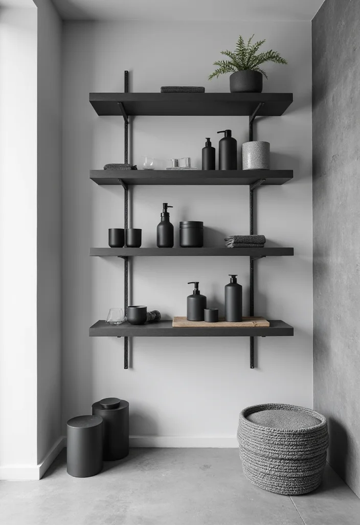 14 Bathroom Wall Shelf Decor Ideas That Add Charm - 12. Timeless Monochrome Shelves