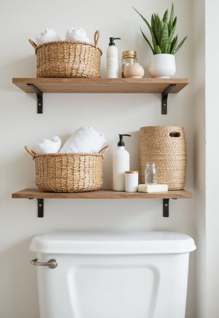 14 Bathroom Wall Shelf Decor Ideas That Add Charm - 2. Floating Shelves with Baskets