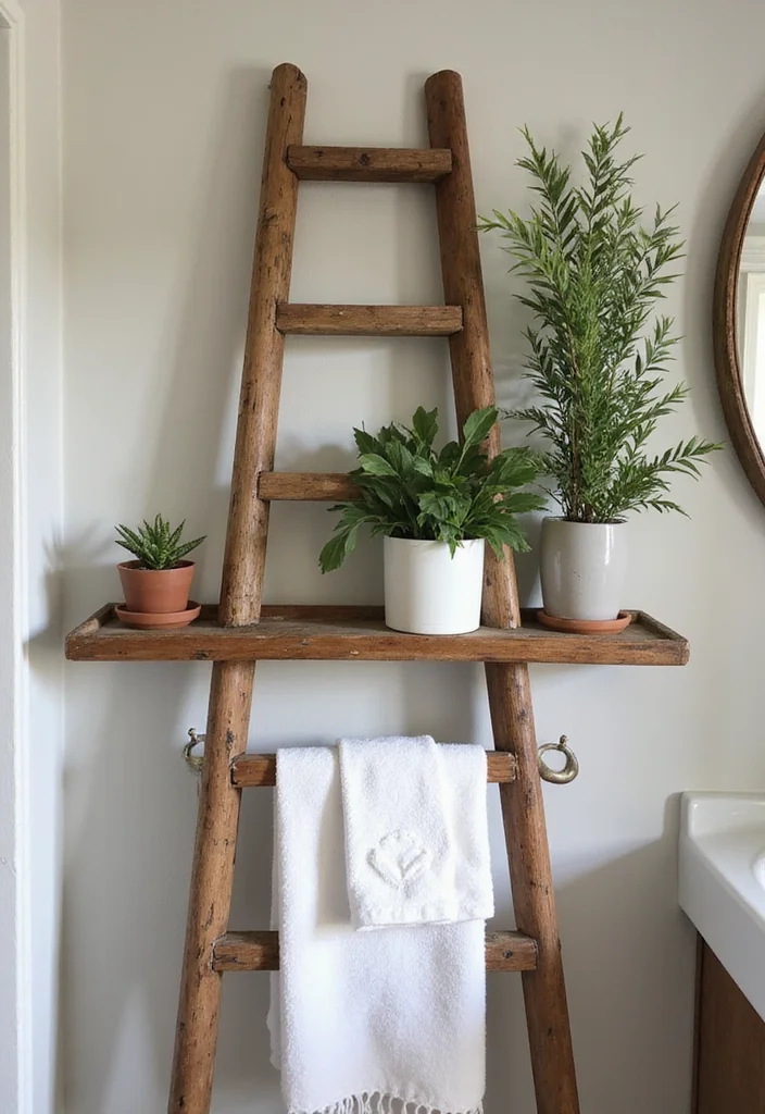 14 Bathroom Wall Shelf Decor Ideas That Add Charm - 4. Vintage Ladder Shelf