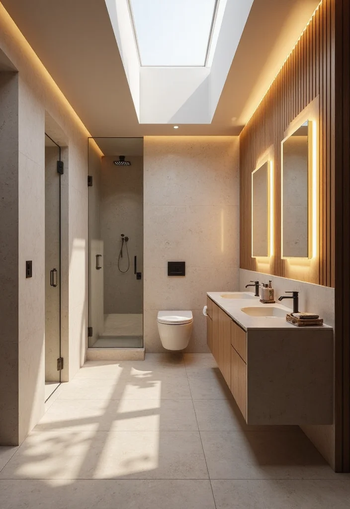 14 Bathroom With Skylight Ideas For Natural Light - 12. Layered Lighting Approach