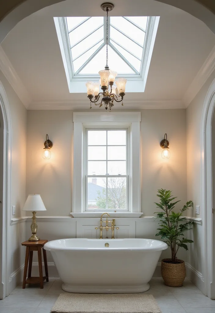14 Bathroom With Skylight Ideas For Natural Light - 5. Statement Lighting