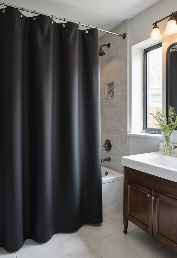 14 Black Bathroom Decor Ideas For Bold Style - 10. Black Shower Curtains
