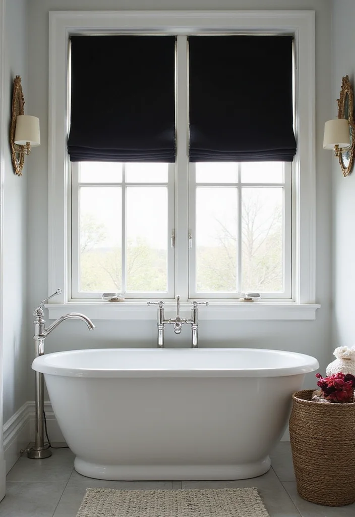 14 Black Bathroom Decor Ideas For Bold Style - 13. Black Window Treatments