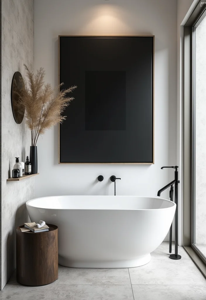 14 Black Bathroom Decor Ideas For Bold Style - 8. Statement Black Artwork