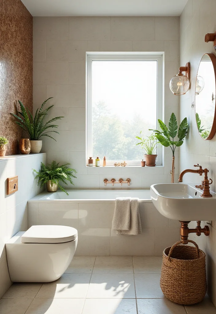 14 Copper Bathroom Ideas With Elegant Warmth - 12. Copper Accents with Greenery