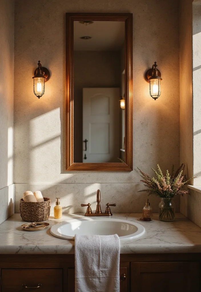 14 Copper Bathroom Ideas With Elegant Warmth - 3. Statement Copper Light Fixtures