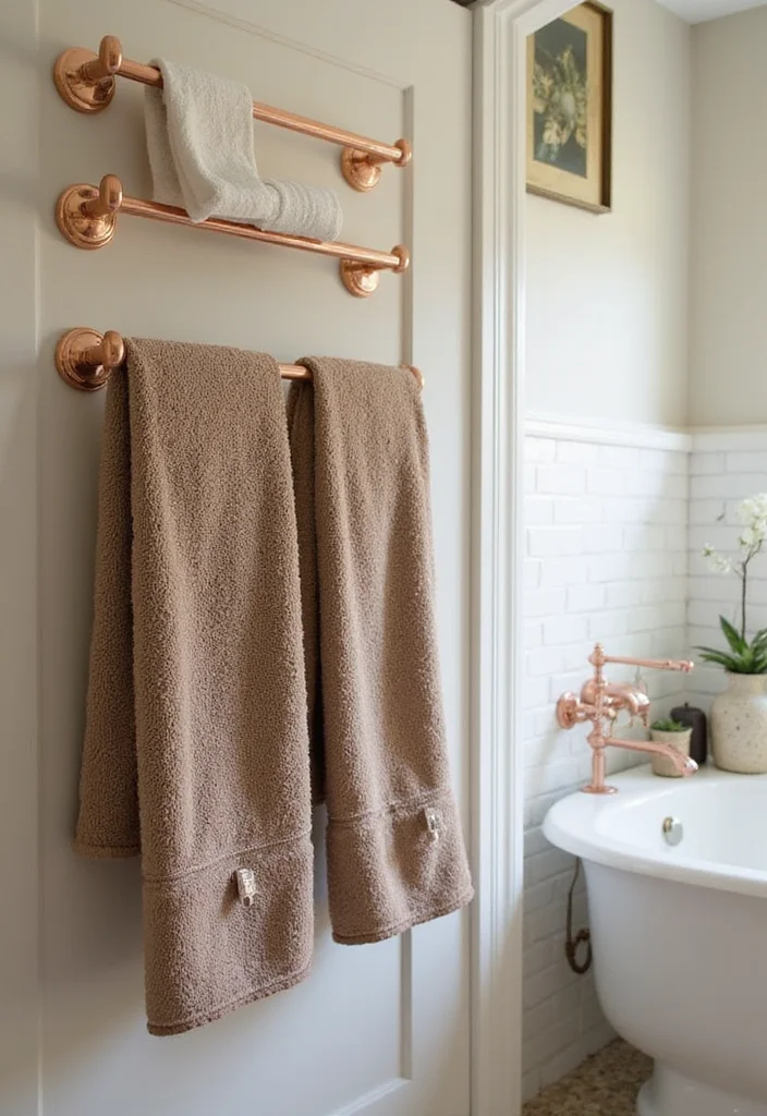14 Copper Bathroom Ideas With Elegant Warmth - 4. Charming Copper Towel Bars
