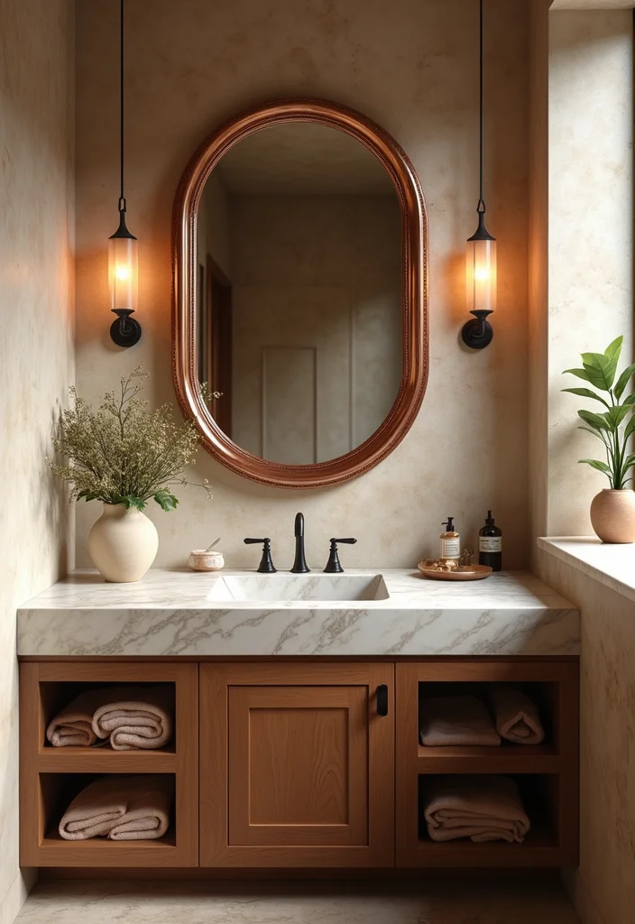 14 Copper Bathroom Ideas With Elegant Warmth - 5. Beautifully Crafted Copper Mirrors