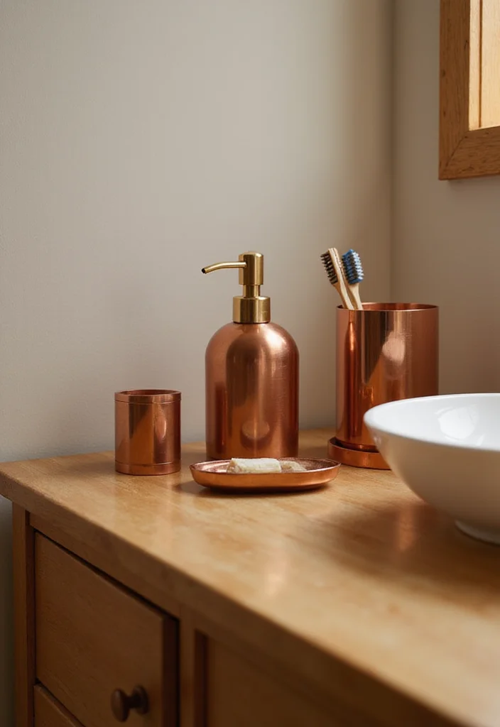 14 Copper Bathroom Ideas With Elegant Warmth - 7. Copper Accents in Accessories