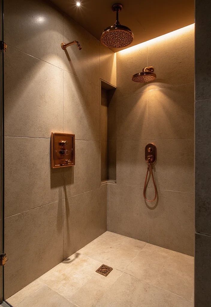14 Copper Bathroom Ideas With Elegant Warmth - 8. Elegant Copper Shower Fixtures