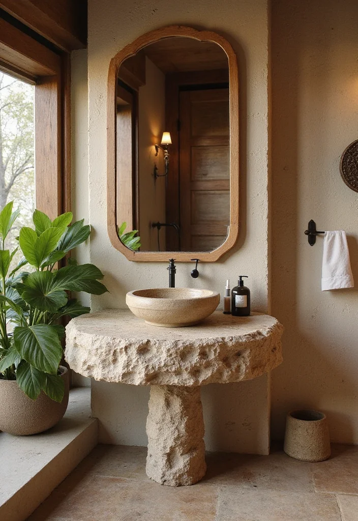 14 Curved Bathroom Vanity Ideas With Soft Modern Lines - 10. Nature-Inspired Stone and Wood