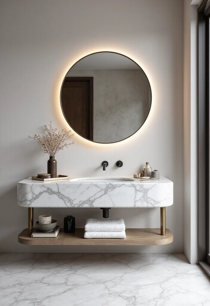14 Curved Bathroom Vanity Ideas With Soft Modern Lines - 11. Elegant Marble Statement