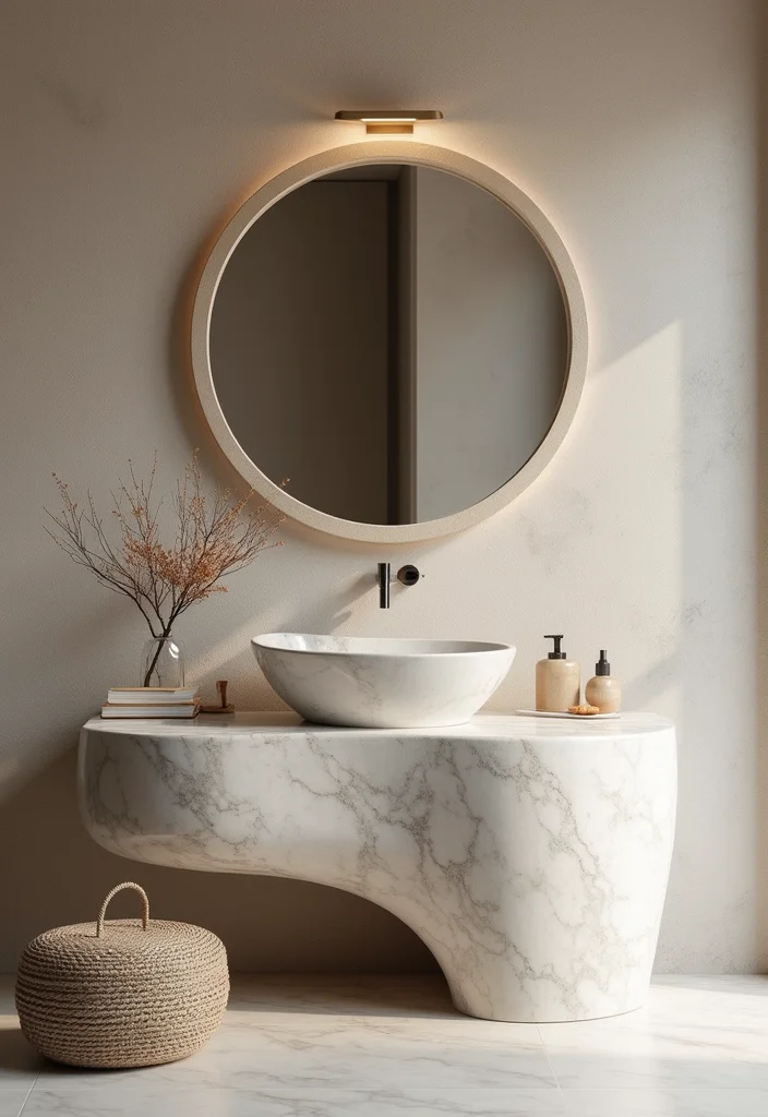 14 Curved Bathroom Vanity Ideas With Soft Modern Lines - 2. Sculptural Stone Vanity