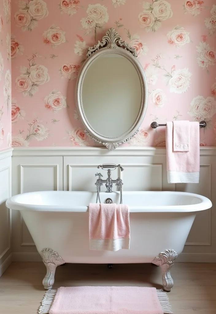 14 Floral Wallpaper Bathroom Ideas With Fresh Style - 1. Vintage Rose Elegance