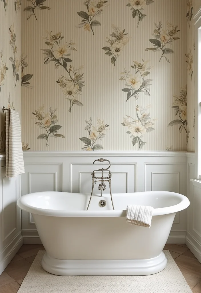 14 Floral Wallpaper Bathroom Ideas With Fresh Style - 10. Classic Floral Stripes