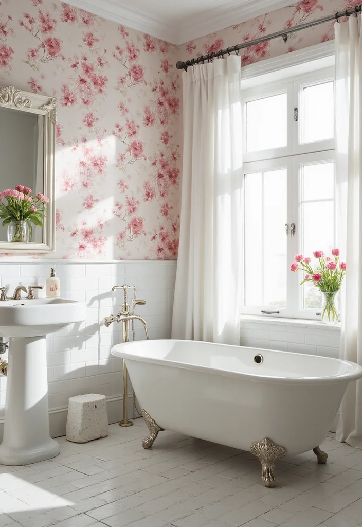 14 Floral Wallpaper Bathroom Ideas With Fresh Style - 11. Fresh Spring Blooms