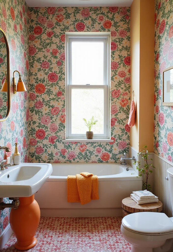 14 Floral Wallpaper Bathroom Ideas With Fresh Style - 13. Floral Mosaic Mix