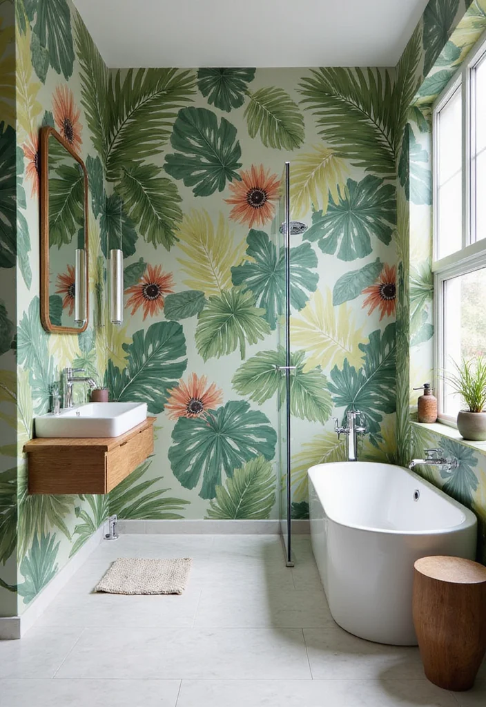 14 Floral Wallpaper Bathroom Ideas With Fresh Style - 2. Bold Botanical Bliss