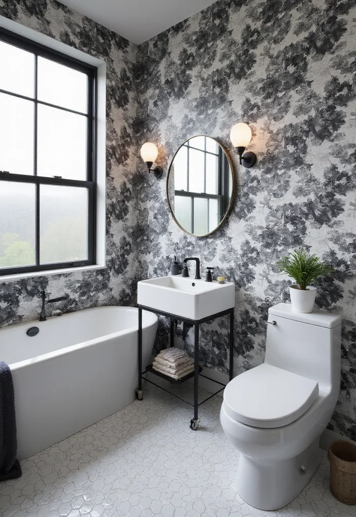 14 Floral Wallpaper Bathroom Ideas With Fresh Style - 5. Elegant Monochrome Florals