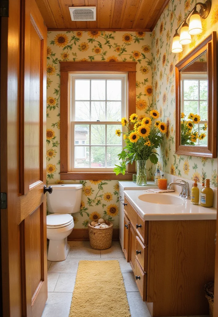 14 Floral Wallpaper Bathroom Ideas With Fresh Style - 6. Sunny Sunflower Delight