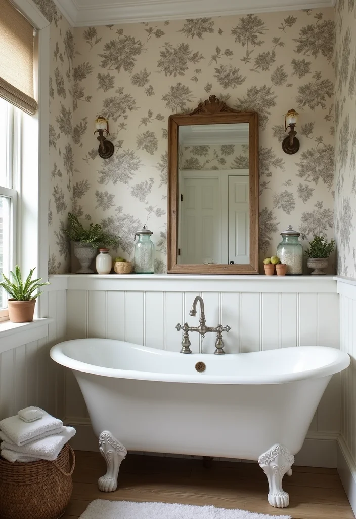 14 Floral Wallpaper Bathroom Ideas With Fresh Style - 7. Rustic Floral Farmhouse
