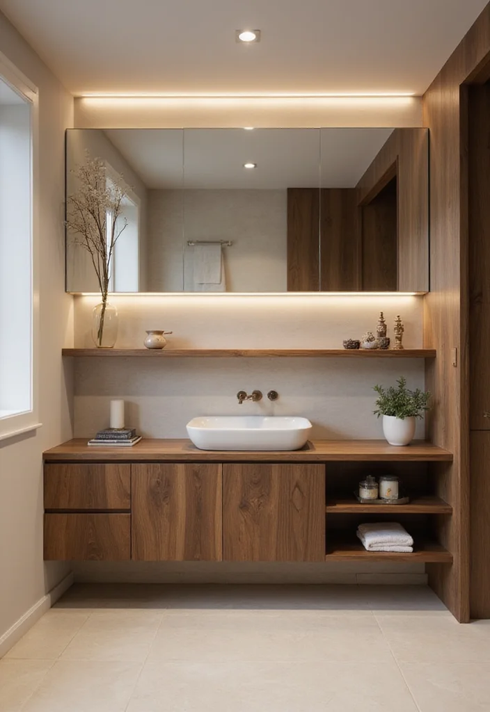 14 Mid Century Bathroom Vanity Ideas With Retro Cool - 1. Streamlined Walnut Wonders