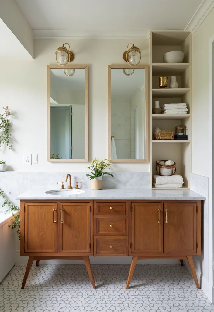 14 Mid Century Bathroom Vanity Ideas With Retro Cool - 11. Open Shelving Display