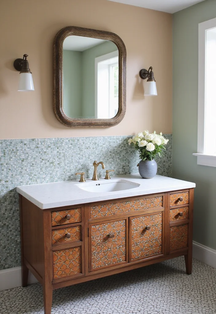 14 Mid Century Bathroom Vanity Ideas With Retro Cool - 4. Retro Revival with Pattern